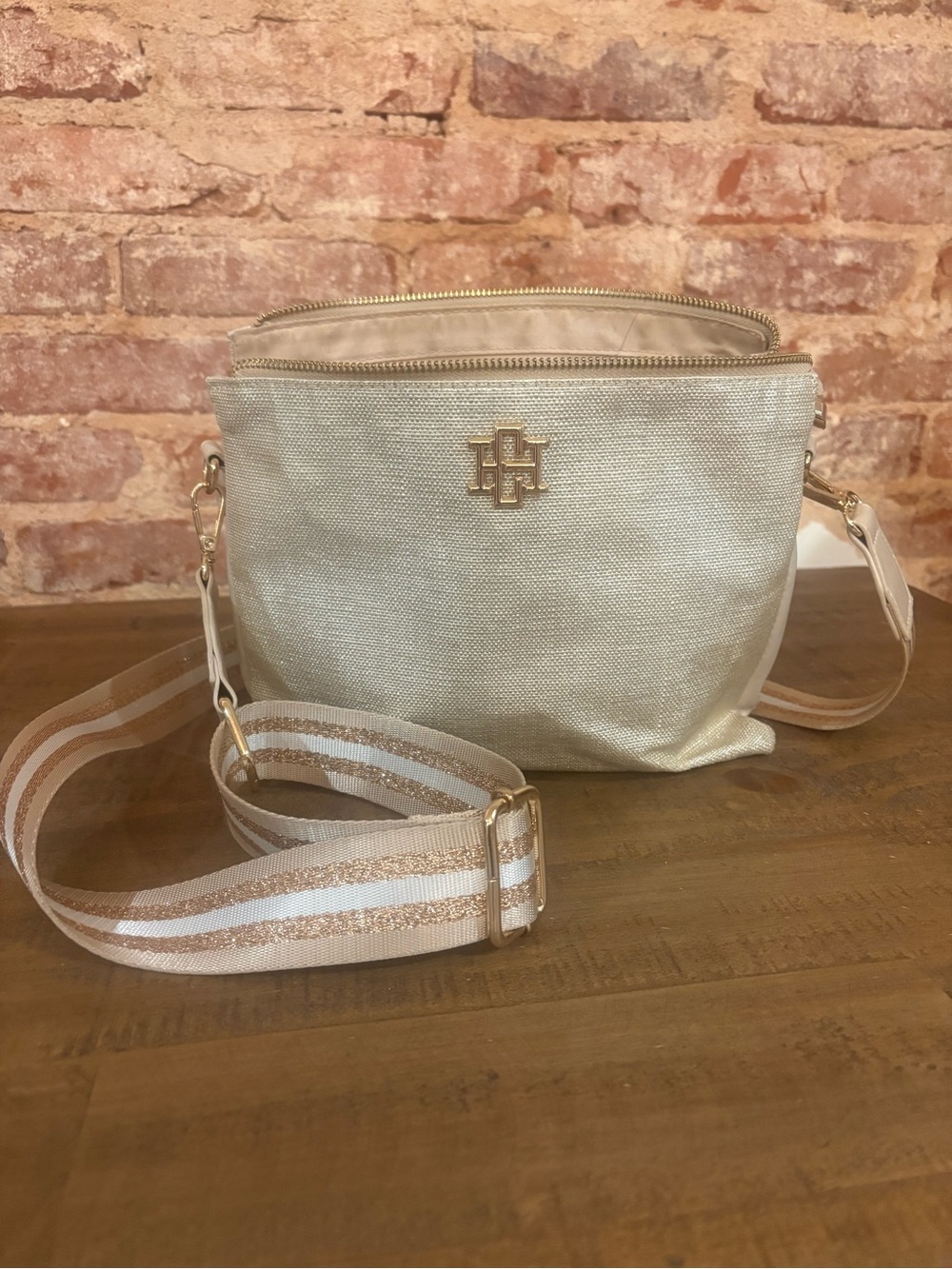 Caroline Hill Champagne Crossbody with Rose Gold Striped Strap